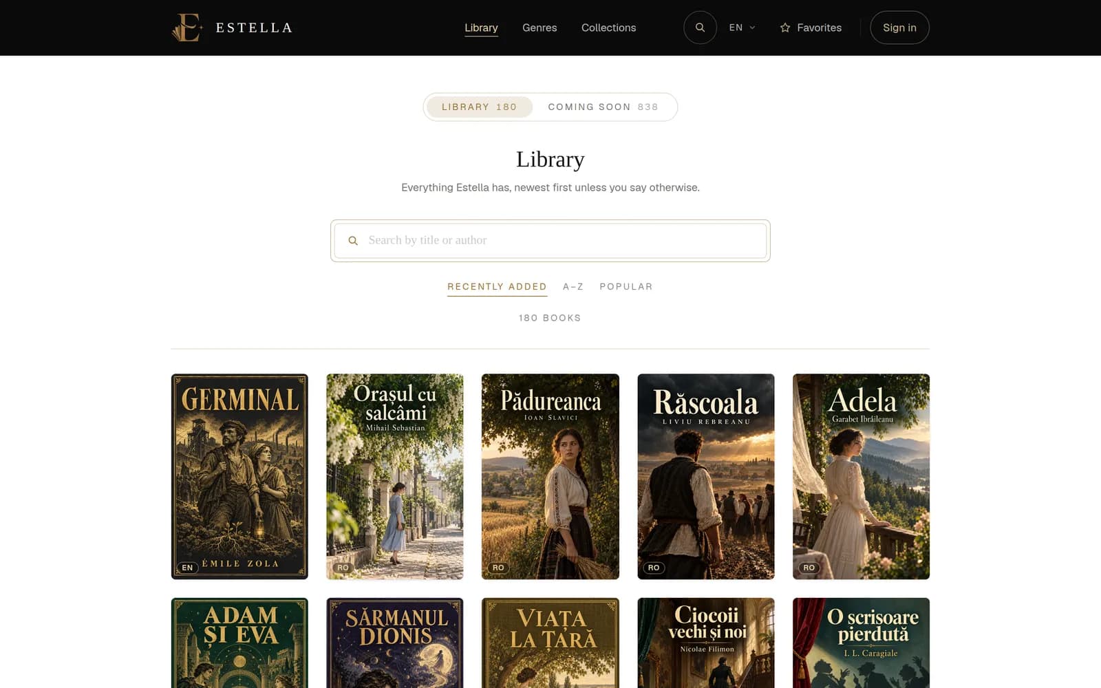 Estella library with illustrated covers of classic books