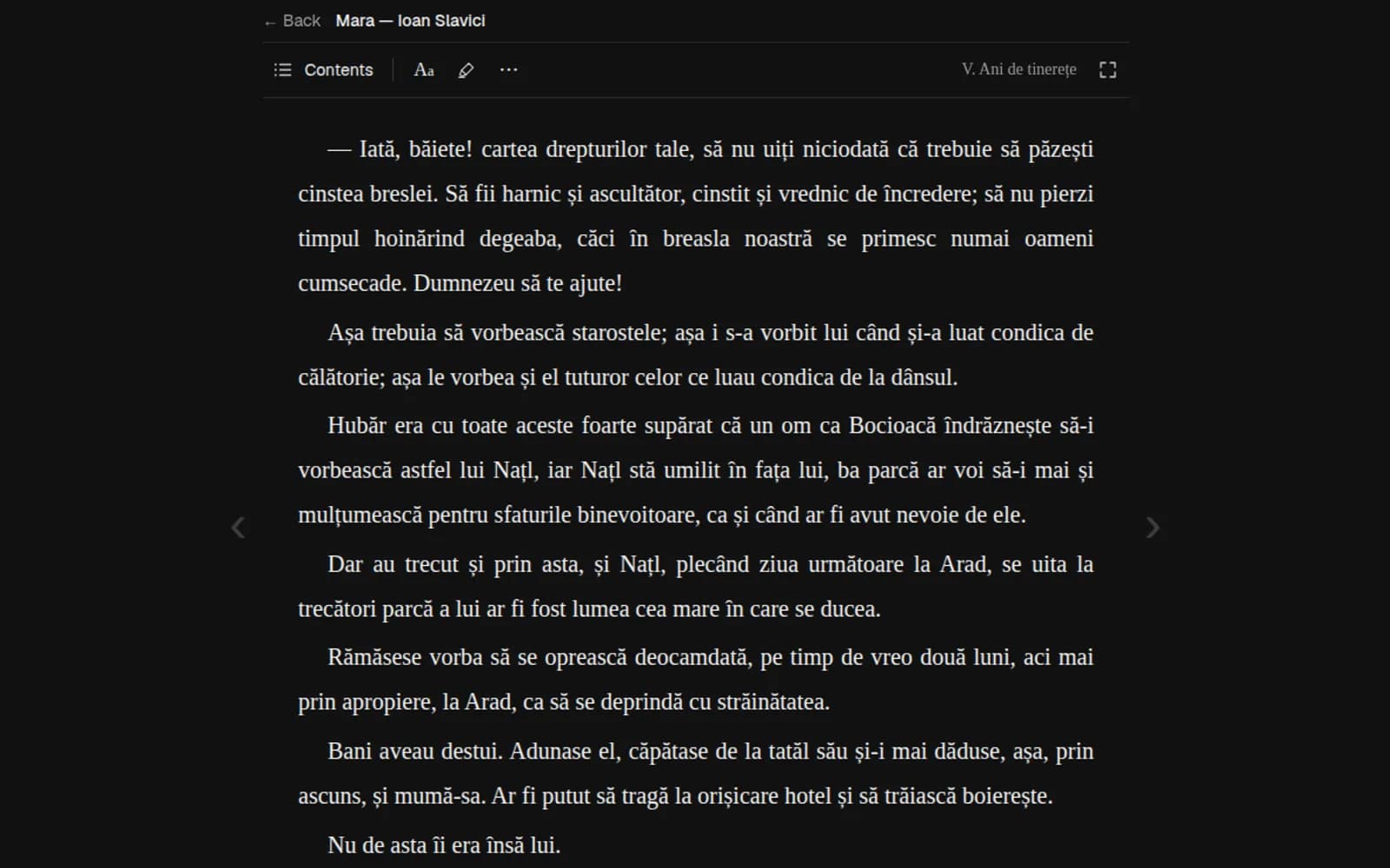 Estella reader in dark mode, mid-chapter in Mara by Ioan Slavici