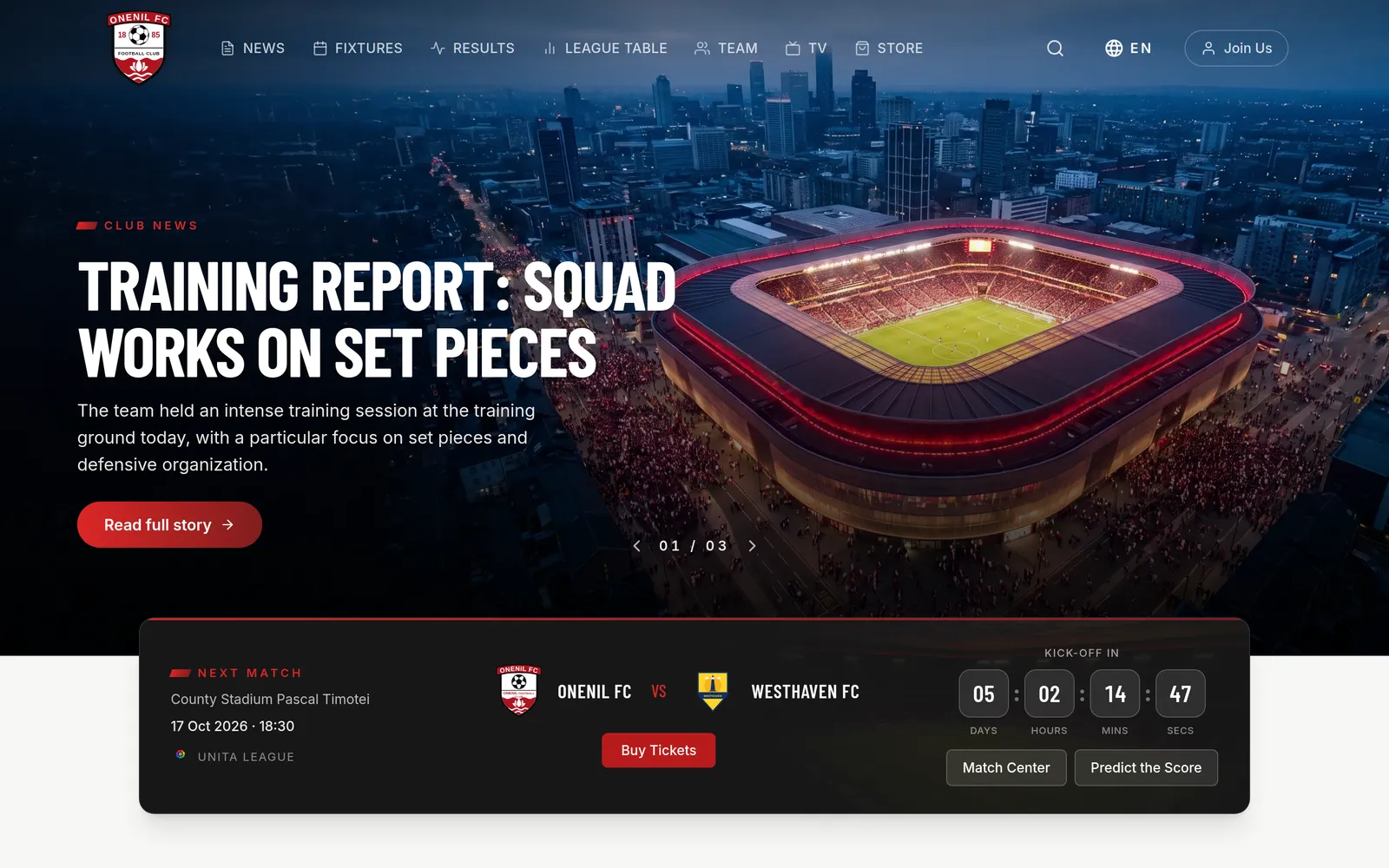OneNil club home page with the next match and kick-off countdown